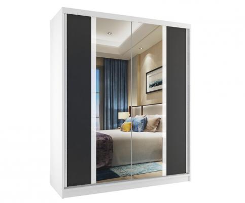 Šatní skříň se zrcadlem CHESTER 133x218 cm BÍLÁ/ČERNÁ/BÍLÝ PRUH